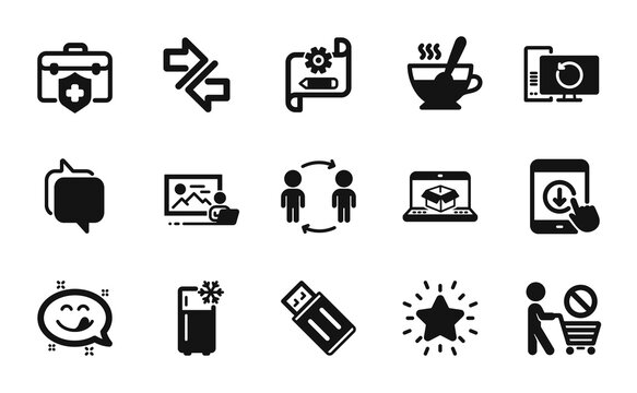 Vector set of Online delivery, Cogwheel blueprint and Recovery computer icons simple set. Stop shopping, Usb flash and Synchronize icons. Messenger, Medical insurance and Tea cup signs. Vector