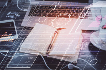 Multi exposure of data theme drawings and desk with open notebook background. Concept of education