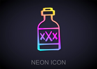 Glowing neon line Tequila bottle icon isolated on black background. Mexican alcohol drink. Vector