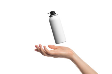 The can of spray over a woman's hand. The can is white and unmarked, mockup.