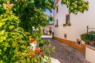 Fototapeta na wymiar Óbidos - June 29, 2021: Street view of the medieval town of Óbidos, Portugal