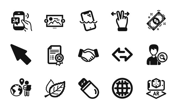 Vector set of Leaf, Search people and Image carousel icons simple set. Usb stick, Touchscreen gesture and Smartphone waterproof icons. Leaf simple web symbol. Vector