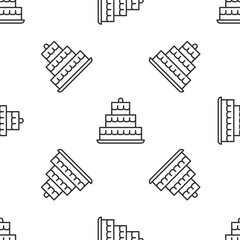 Grey line Cake with burning candles icon isolated seamless pattern on white background. Happy Birthday. Vector