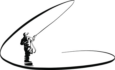 The vector illustration of a fisherman with the fishing rod