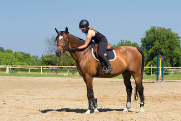 Obraz premium Beautiful young girl in competition uniform ride and stroke her sorrel horse