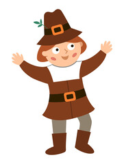 Vector pilgrim man isolated on white background. Thanksgiving Day character. Autumn icon with first American people. Cute fall holiday settler illustration