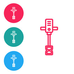 Obraz premium Red line Electrical hand concrete mixer icon isolated on white background. Handheld electric cement mixer. Set icons in circle buttons. Vector