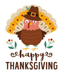 Thanksgiving Day card or banner with cute turkey in pilgrim hat and berries. Vector autumn illustration with traditional bird and text. Happy Thanksgiving greeting card or invitation