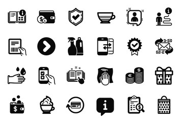 Vector Set of simple icons related to Technical documentation, Washing cloth and Shopping bag icons. Phone communication, Forward and Currency signs. Info bubble, journey path. Vector