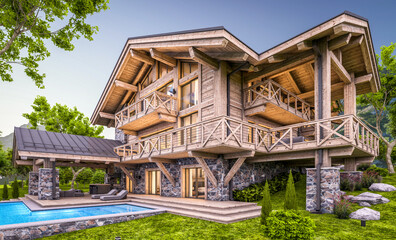 Fototapeta premium 3d rendering of modern cozy chalet with pool and parking for sale or rent. Massive timber beams columns. Beautiful forest mountains on background. Clear summer evening with cozy light from window