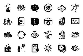 Vector Set of Business icons related to Cloud sync, Love champagne and World time icons. Speedometer, Organic tested and No puzzle signs. Coffee, Candy and Education. Approved document. Vector
