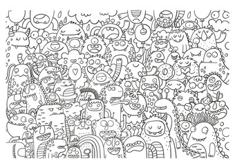 Funny big coloring poster in doodle style. Big coloring page with monster