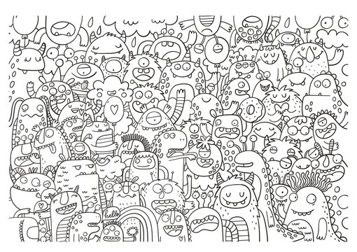 Funny big coloring poster in doodle style. Big coloring page with monster
