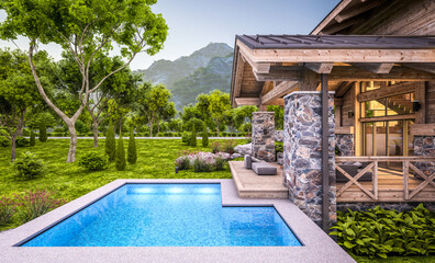 3d rendering of modern cozy chalet with pool and parking for sale or rent.  Massive timber beams columns. Beautiful forest mountains on background. Clear summer evening with cozy light from window