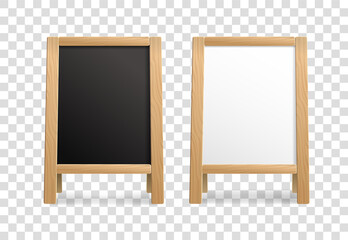 Wooden white and black Chalk board set on transparent background for mockup template. Blank menu blackboard outdoor display. Advertising street sidewalk Signs Menu Boards