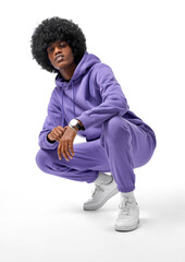 Handsome black man wear tracksuit isolated on white background