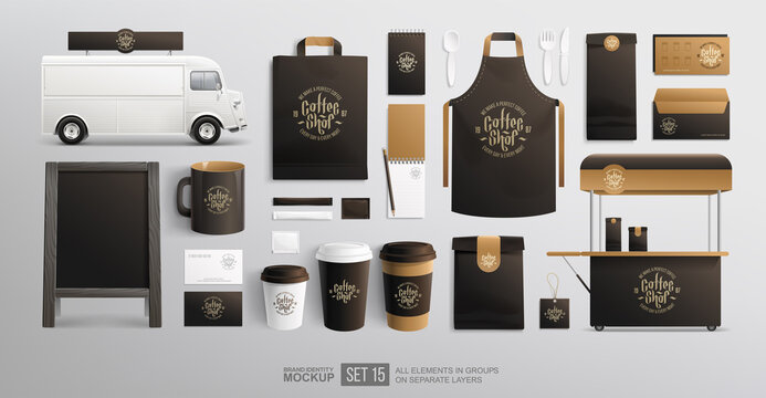 Black Coffee brand identity on package mockup set with retro food truck  . Realistic MockUp set of delivery truck, uniform, paper cup, shopping bag. Fast food and beverage package design