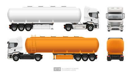 Water or gasoline orange Tank Truck trailer template isolated on white. Blank Fuel Tanker Truck vector illustration. Realistic Petrol Tank mockup for branding and corporate identity design © VRTX