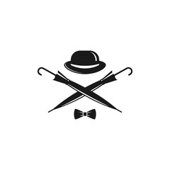 Bowler hat, bow tie and crossed cane umbrellas. Vintage gentleman club logo.