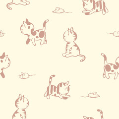 Seamless vector pattern with cute cat on light yellow background. Simple hand drawn kitten wallpaper design. Decorative animal sketch fashion textile.