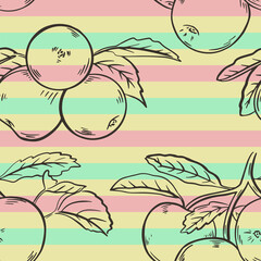 Fototapeta na wymiar Seamless background with sketch apples, vector illustration. Fruit on a background of red, yellow and green stripes. Background with organic healthy food.