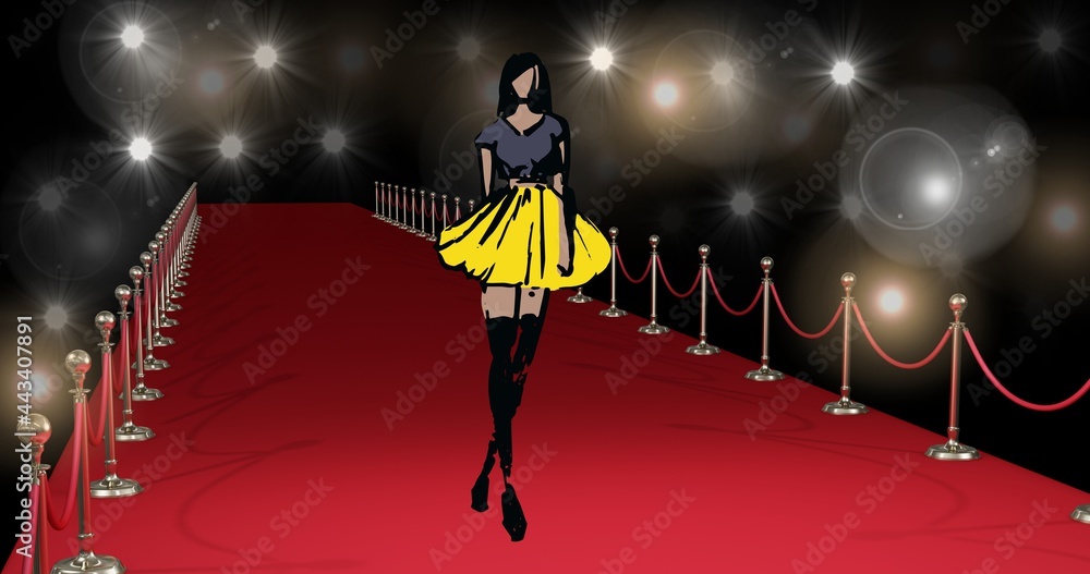 Wall mural Composition of fashion drawing of model on red carpet at fashion show, on black background