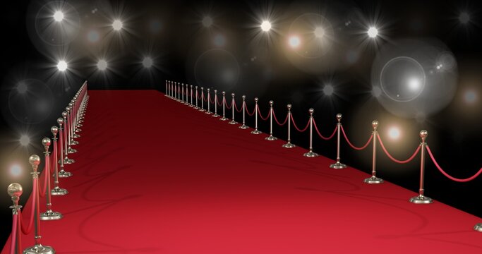 Composition of red carpet at fashion show, on black background