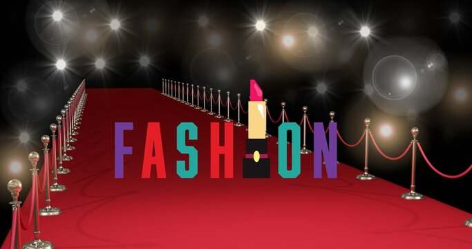 Composition of fashion text on red carpet at fashion show, on black background