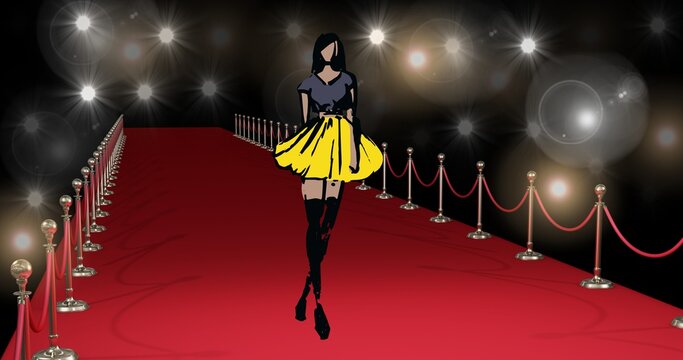 Composition of fashion drawing of model on red carpet at fashion show, on black background