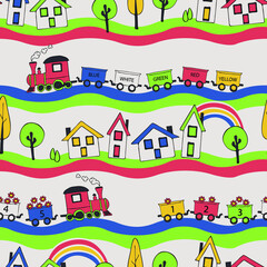 Seamless vector pattern with colourful train on cream white background. Simple happy railway wallpaper design for children. Decorative toy fashion textile.