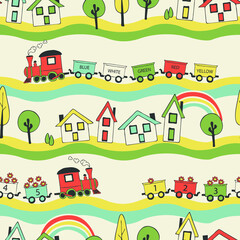 Seamless vector pattern with train on pastel white background. Simple nursery game wallpaper design. Decorative toy fashion textile.