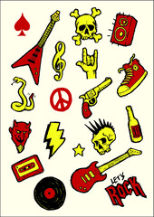 Color hand drawn set of icons rock, skull, beer, guitar, sneakers, snake, revolver, tape, music, bass, stereo, devil, lets rock