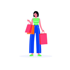 Young beautiful girl in fashionable clothes while shopping. Fashion trendy vector illustration.
