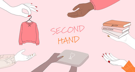 concept of second hand exchange, slow fashion and conscious sustainable eco consuming. vector illustration of people hands donating trading selling buying thrifting vintage clothing books electronics. - obrazy, fototapety, plakaty