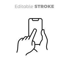 Hands Holding Mobile Phone. Vector smart phone, electronic device line art icon.  Editable line drawing. Black and white illustration, sign, symbol. Blank screen.