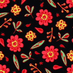 Seamless vector pattern with red flowers on black background. Simple vintage floral wallpaper design. Decorative gypsy fashion textile.