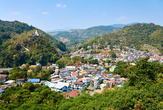 View from the hill of the Thai town of Mae Sai to the border town of Tachilek in Myanmar. view of the Thai Burmese border. Chiang Rai Province. North of Thailand