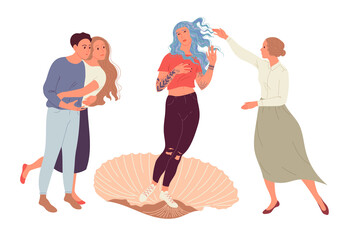 People admire the style and beauty of the girl. Illustration based on Botticelli The birth of Venus © undrey