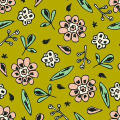 Seamless vector pattern with hand drawn flowers on lime green background. Simple vintage floral wallpaper design. Decorative summer fashion textile.