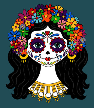 Catrina  Dia de los muertos. Day of the dead  and Halloween. Mexican tradition, festival. Day of the dead  Woman make up of sugar skull. Calavera Catrina isolated. Dia de los Muertos background.