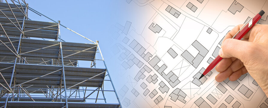 Renovation of a residential building with a metal scaffolding in a construction site - concept image with hand drawing over an imaginary city map of territory with buildings and roads