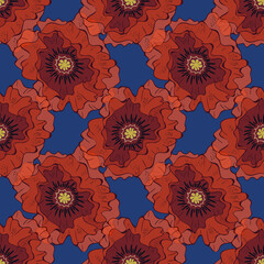 Red poppy flowers on dark blue background vector repeat pattern