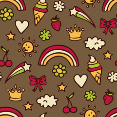 Seamless vector pattern with retro summer stickers on brown background. Simple happy children wallpaper design. Decorative badge fashion textile.