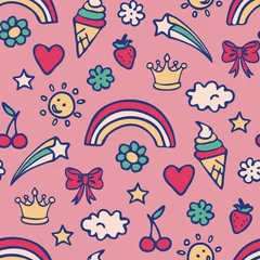 Rolgordijnen Seamless vector  pattern with happy rainbow fun on pink background. Simple hand drawn summer wallpaper design. Decorative baby fashion textile. © Randmaart