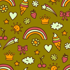 Seamless vector pattern with busy summer symbols on green background. Decorative fun rainbow wallpaper design. Simple cartoon sticker fashion textile.