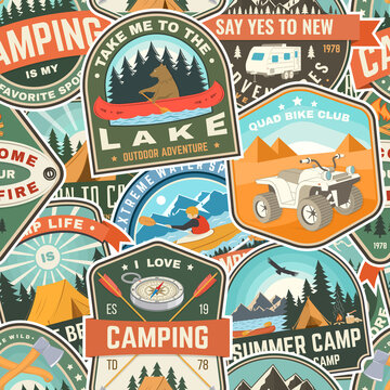 Summer camp colorful seamless pattern with rv trailer, camping tent, campfire, bear,camping tent and inspirational quotes. Vector. Background, wallpaper, seamless pattern with patches