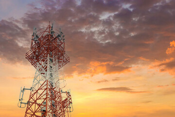 communication tower top. Radio antenna Tower , microwave antenna tower on light sky background....