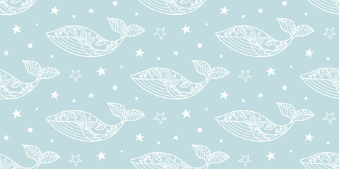 Naklejka premium Whales swimming in blue sky
