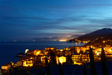 View of  the village of Erbalunga at night, Cap Corse in Corsica, France