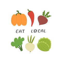 eat. Local. cartoon vegetables, hand drawing lettering, decoration elements. Colorful flat vector illustration. design for prints, posters, cards